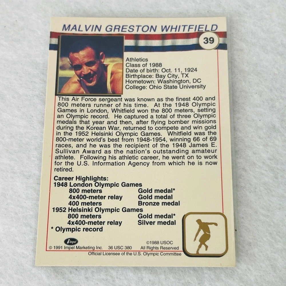 1991 Impel US Olympic Hall of Fame Mal Whitfield Athletics Trading Card #39